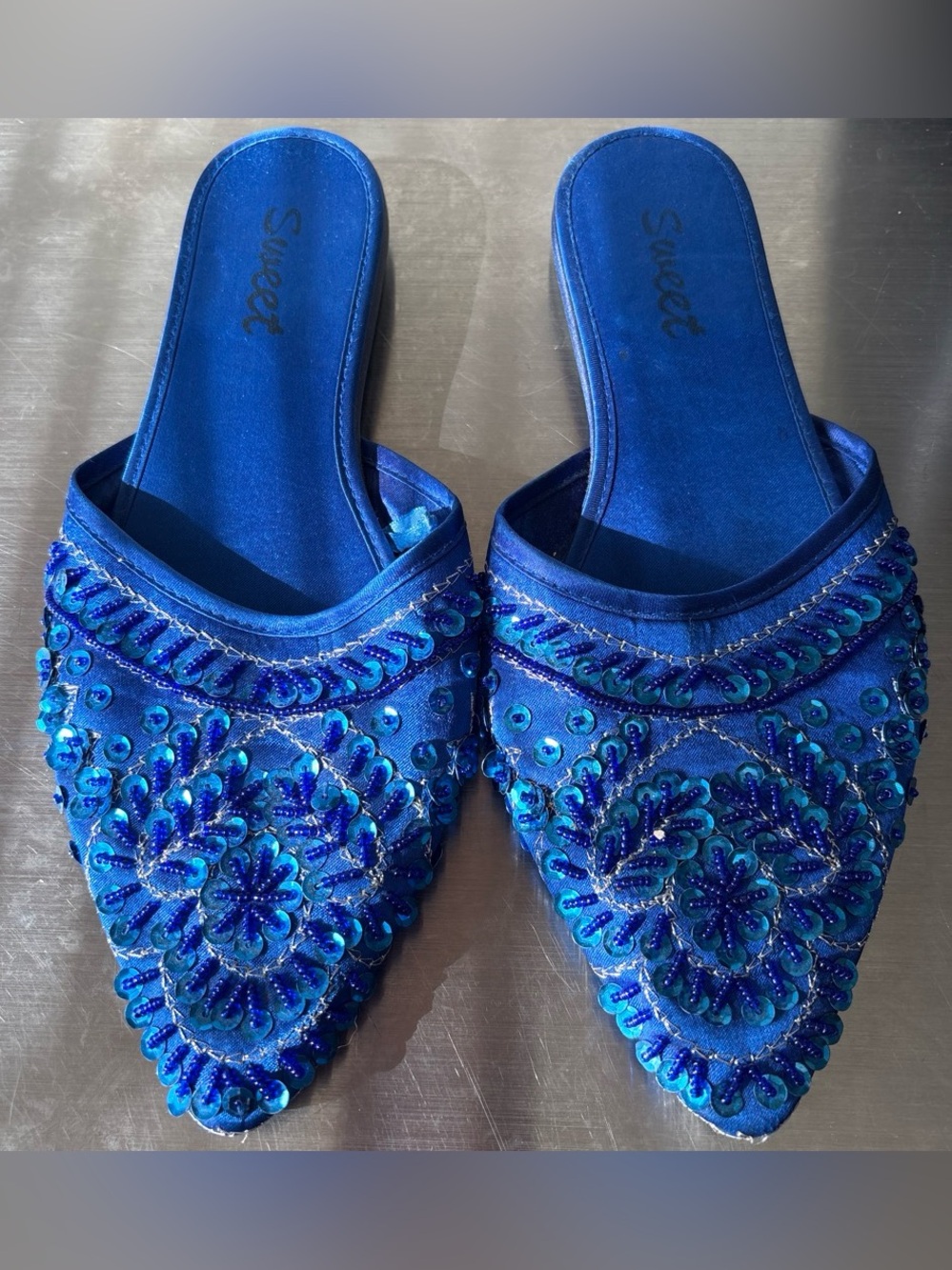 Y2K Blue Boho Beaded Sequined Pointed-Toe Flats✨